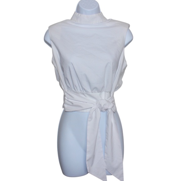 Express Cropped Tie Front Padded Shoulder Top (White) Size S - Picture 2 of 7